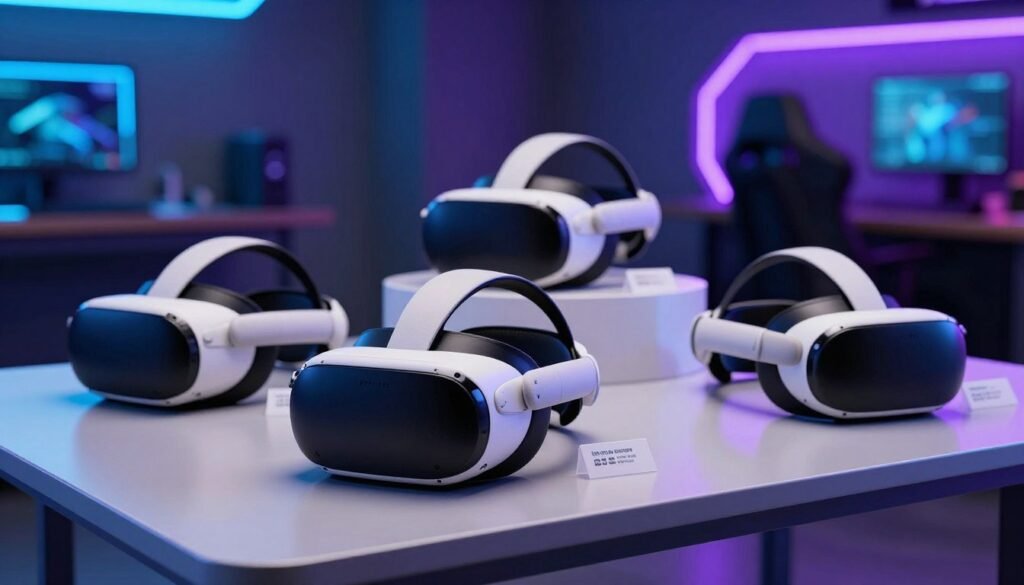 A visually striking composition depicting virtual reality devices on display, specifically the PS VR2 and Meta Quest 3, arranged on a sleek modern table. In the foreground, focus on the headsets with high-resolution detail, showcasing their design features and branding. The middle ground features subtle pricing tags elegantly placed beside each headset. The background is a softly blurred high-tech gaming environment with ambient lighting in vibrant blues and purples, suggesting an engaging gaming experience. A wide-angle view captures the essence of innovation in gaming technology. The atmosphere conveys a sense of excitement and value, perfect for attracting tech-savvy audiences.