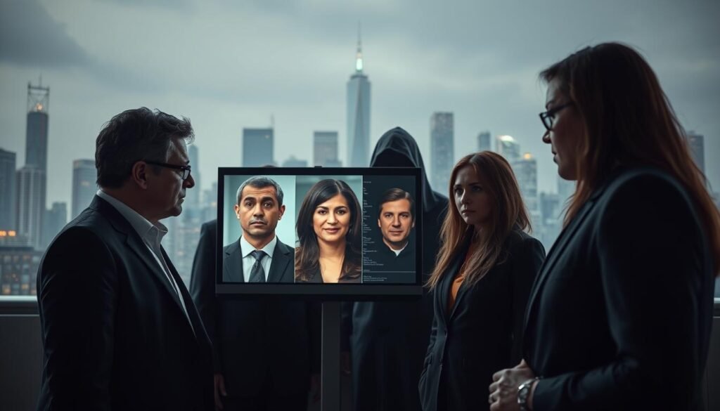 A visually striking depiction of the impact and threat of deepfake technology on society, featuring a split scene. In the foreground, a concerned group of diverse professionals in business attire, intensely examining a digital screen with deepfake examples, showing distorted faces and fake identities. In the middle ground, shadowy figures represent the manipulators behind the technology, their faces obscured by digital noise. The background should display a futuristic city skyline, symbolizing the intertwining of technology and daily life. Soft, ominous lighting casts a dramatic tone, emphasizing tension and urgency. The angle should be slightly elevated to capture both the professionals’ reactions and the looming digital threats effectively. The mood conveys a sense of unease and caution regarding the integrity of information in the digital age.