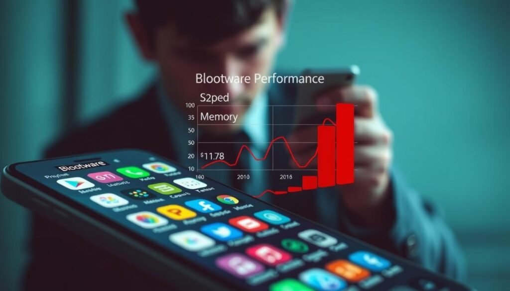 A visually striking illustration depicting the impact of bloatware on smartphone performance. In the foreground, a smartphone screen shows various apps, some labeled as "bloatware" in vibrant colors, creating a chaotic layout. The middle ground features a graph comparing performance metrics, like speed and memory usage, with the bloatware apps prominently featured in red. In the background, a blurred image of a person in professional attire looking frustrated while holding the phone, emphasizing the emotional toll of poor performance. Soft, cool lighting enhances the technical atmosphere, with a slight vignette effect to draw focus towards the phone. The overall mood conveys frustration and the technological hindrance caused by excessive pre-installed applications.