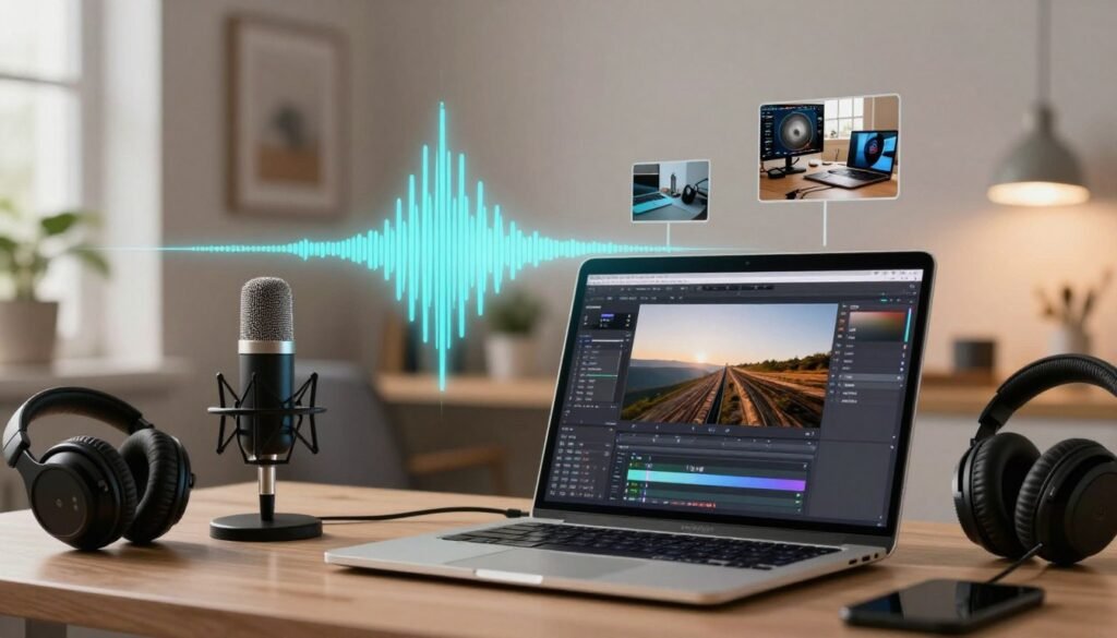 A visually striking illustration depicting tips for optimizing image and sound quality. The foreground features a professional workspace with a sleek MacBook displaying an image editing software, surrounded by technical gadgets like a high-quality microphone and headphones. In the middle, a vivid visual representation of sound waves and enhanced images radiate outward, symbolizing clarity and excellence. The background includes a softly blurred home office setting with warm, inviting lighting to create a comfortable yet professional atmosphere. Soft focus highlights the details, emphasizing the importance of quality in digital content creation. The image should convey an atmosphere of creativity and professionalism, inspiring viewers to achieve their best work.