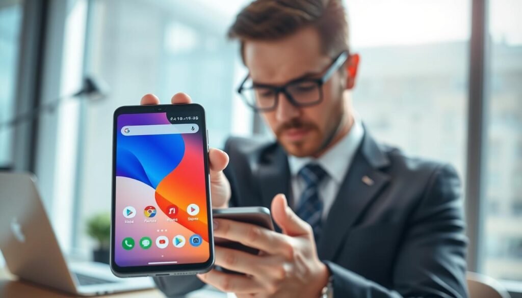 A visually striking image depicting a sleek smartphone displaying a vibrant Android 14 interface in the foreground, featuring colorful app icons and performance bars. In the middle, a person examining the phone, dressed in professional business attire, with a focused expression, demonstrating the user engagement with the device. The background softly blurs a modern workspace, with a desk and laptop, creating an atmosphere of productivity and technological advancement. The lighting is bright and natural, coming from a window, enhancing the mood of clarity and innovation. The overall composition should convey a sense of practicality and provide visual solutions for users experiencing slow performance after the Android 14 update.