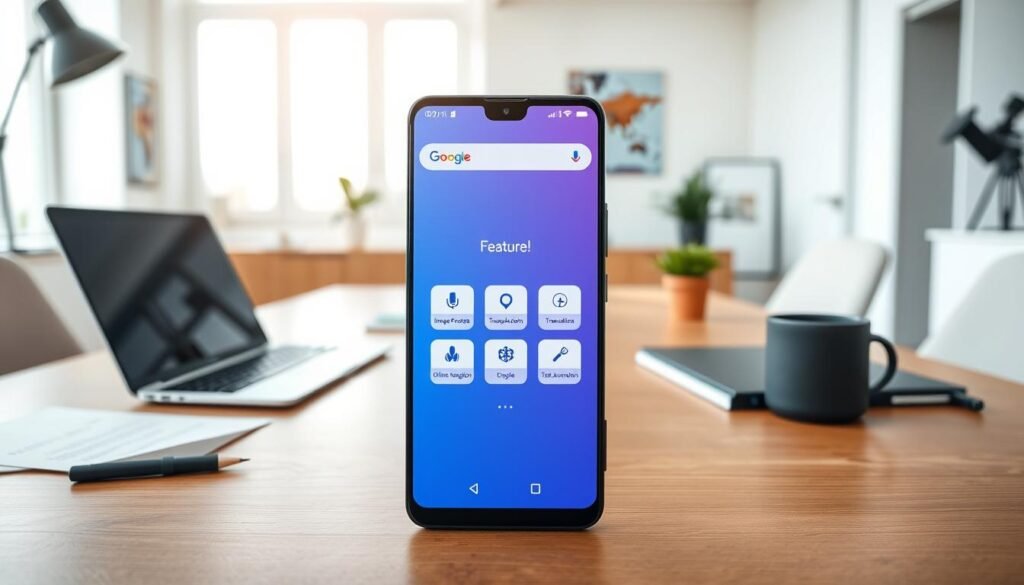 An advanced smartphone showcasing the features of Google Gemini Nano 3.0 in a sleek, modern setting. In the foreground, the phone screen displays a clean, intuitive interface highlighting five distinct AI functionalities, such as voice recognition, image processing, translation, offline navigation, and task automation. The device is positioned on a stylish wooden desk with office supplies surrounding it, conveying a professional atmosphere. The middle ground features soft-focus office elements like a laptop and a potted plant, enhancing the tech-savvy vibe. The background includes light-colored walls and a window allowing natural light to flood the scene, creating a bright and innovative mood. The image is shot with a wide-angle lens to capture the entire setup, emphasizing the smartphone's elegance and functionality without any text overlays or distractions.