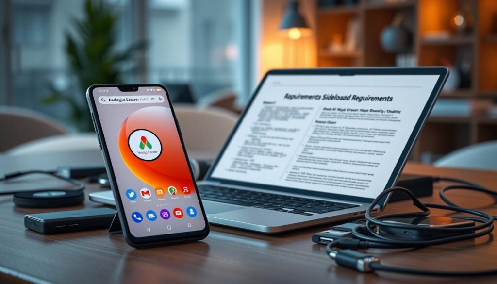 An aesthetically pleasing digital workspace showcasing the concept of "Android 12 Sideload Requirements." In the foreground, a sleek modern smartphone displays the Android 12 interface, highlighting an app icon representing the AI Magic Eraser feature. The middle layer includes an open laptop with a detailed technical guide visible on its screen, showcasing requirements for sideloading applications. Surrounding the workspace, various tech gadgets and tools, including cables and USB sticks, give a tech-savvy feel. The background features a softly blurred contemporary office setting with warm ambient lighting to create a cozy atmosphere. The entire scene radiates a mood of innovation and exploration, inviting viewers to learn about the process in a professional and engaging manner.
