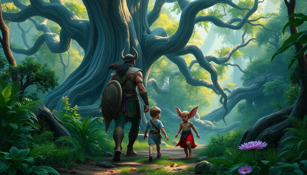 Gambar God of War dengan Kratos dan Atreus berjalan di hutan